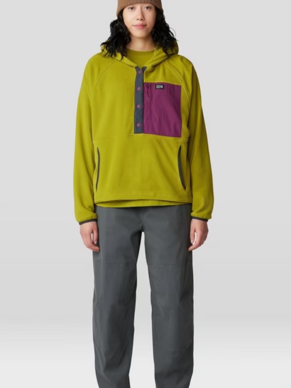 Mountain Hardwear Olive Green Crewneck Fleece with Purple Chest Pocket
